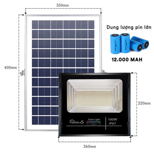Đèn năng lượng mặt trời 100W SUNECO [ CÓ BÁO PIN ] , đèn pha led năng lượng mặt trời Kèm tấm pin rời có remote điều khiển từ xa tiện lợi và thông minh, cảm biến tự động, dây nối 5m, thời gian sáng 10 - 14h, bảo hành 24 tháng