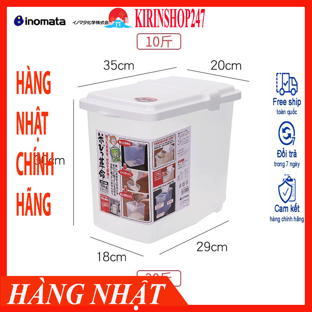 Thùng đựng gạo 10kg nắp bật có bánh xe inomata - Made in Japan