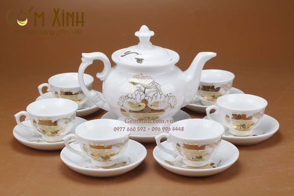 Bộ ấm chén Bát Tràng Phú Quý sen khóm vàng kim