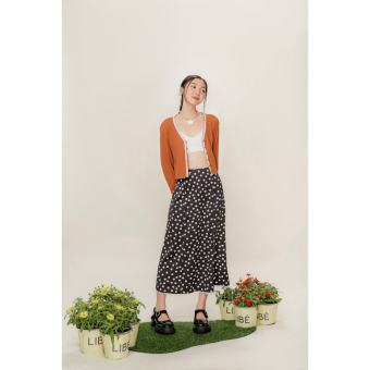 LIBÉ - Chân váy midi lụa họa tiết chấm bi trắng nền đen phối viền ren