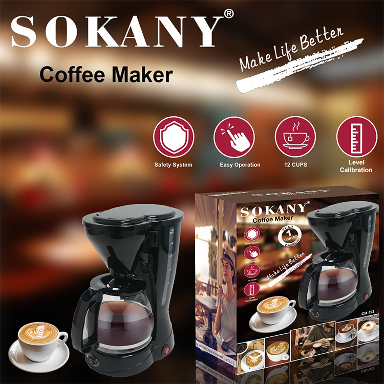 Máy pha cà phê sokany cm-102 cao cấp:hệ thống chống nhỏ giọt,chức năng pha espresso,thiết kế đơn giản,nhỏ gọn,bắt mắt với tông màu đen pha tông màu bạc sáng sang trọng,có thể pha từ 12 đến 15 cốc cà phê trong một lần
