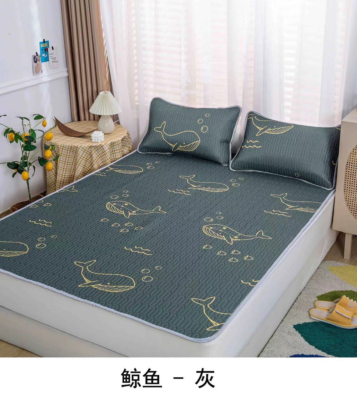 Chiếu cao su non 1m6 x 2m chiếu điều hòa cao su non mẫu CÁ VOI xám tặng kèm 2 vỏ áo gối - Tranlanshop