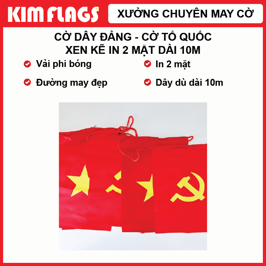 10m Cờ dây Đảng và cờ tổ quốc Việt Nam xen kẽ trên một dây in 2 mặt vải đẹp - xưởng may cờ Kim Flag