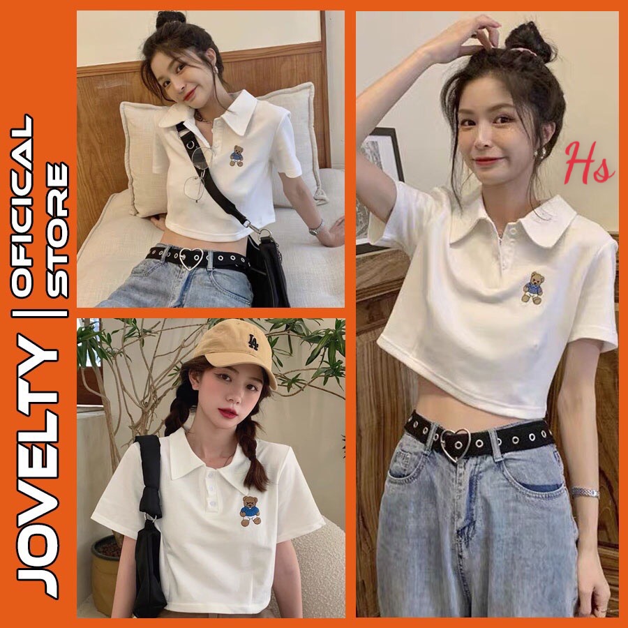 Áo croptop polo cổ bẻ - áo polo croptop in hình gấu dễ thương