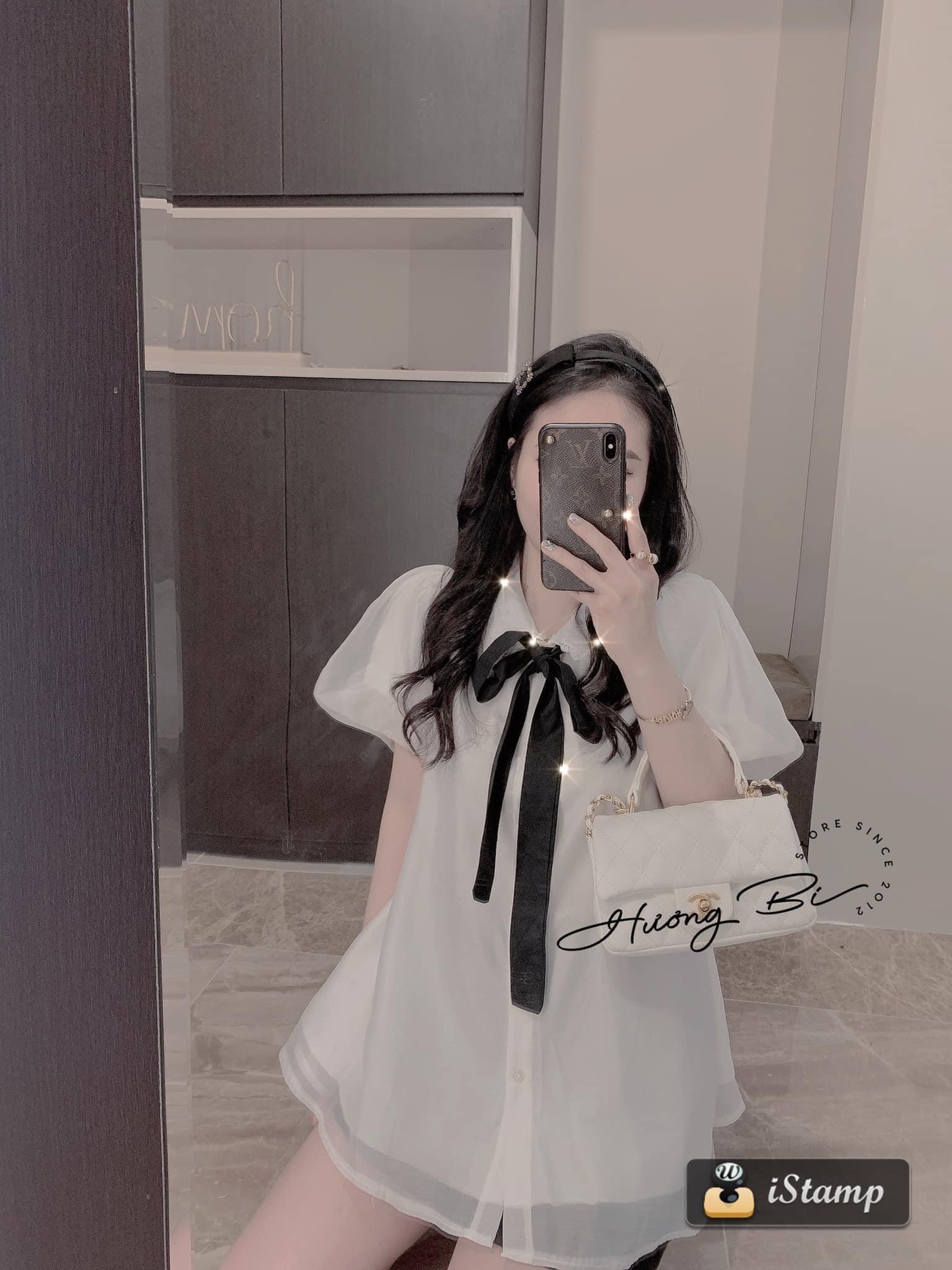 Áo váy sơ min nữ baby doll tay bồng nơ cổ