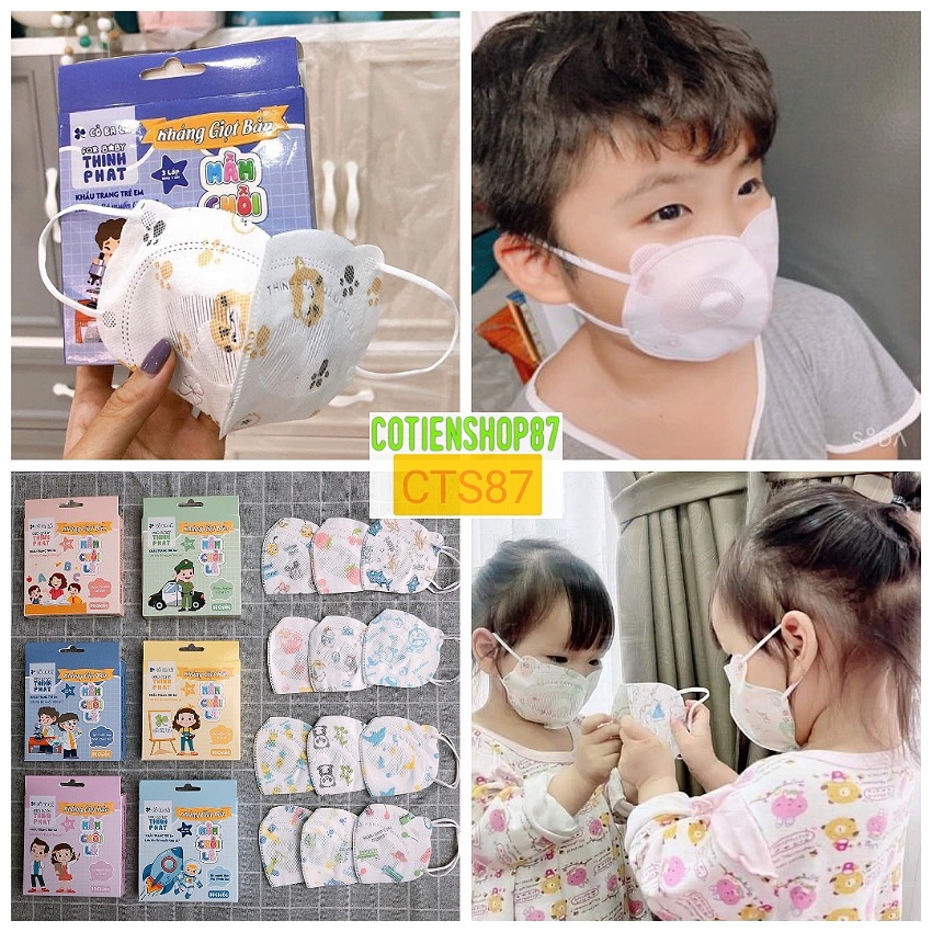 Khẩu trang trẻ em Mầm Chồi Lá Thịnh Phát, hộp 10 cái, khẩu trang cho bé 4 đến 10 tuổi, 3 lớp kháng khuẩn, thiết kế hình gấu nhiều màu, cotienshop87