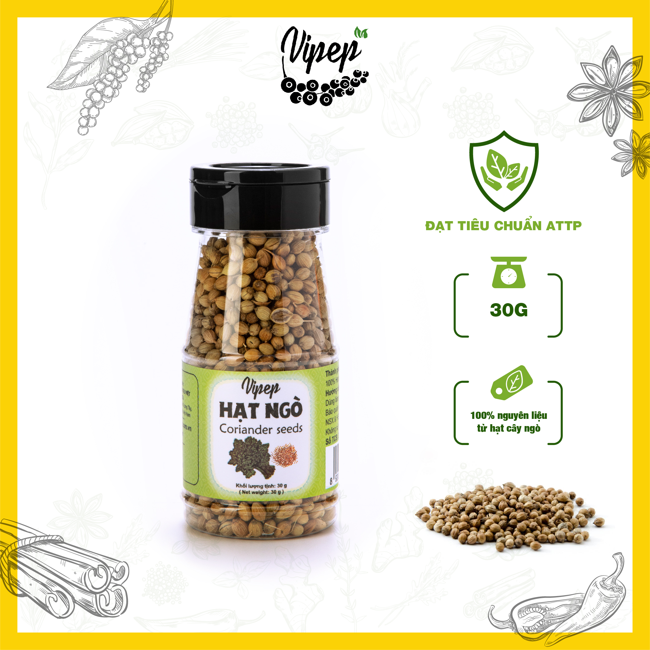 Hạt ngò Vipep 30g gia vị nấu phở, ướp thịt, các món nướng, dùng phối trộn để nấu cà ri, tốt cho sức khoẻ