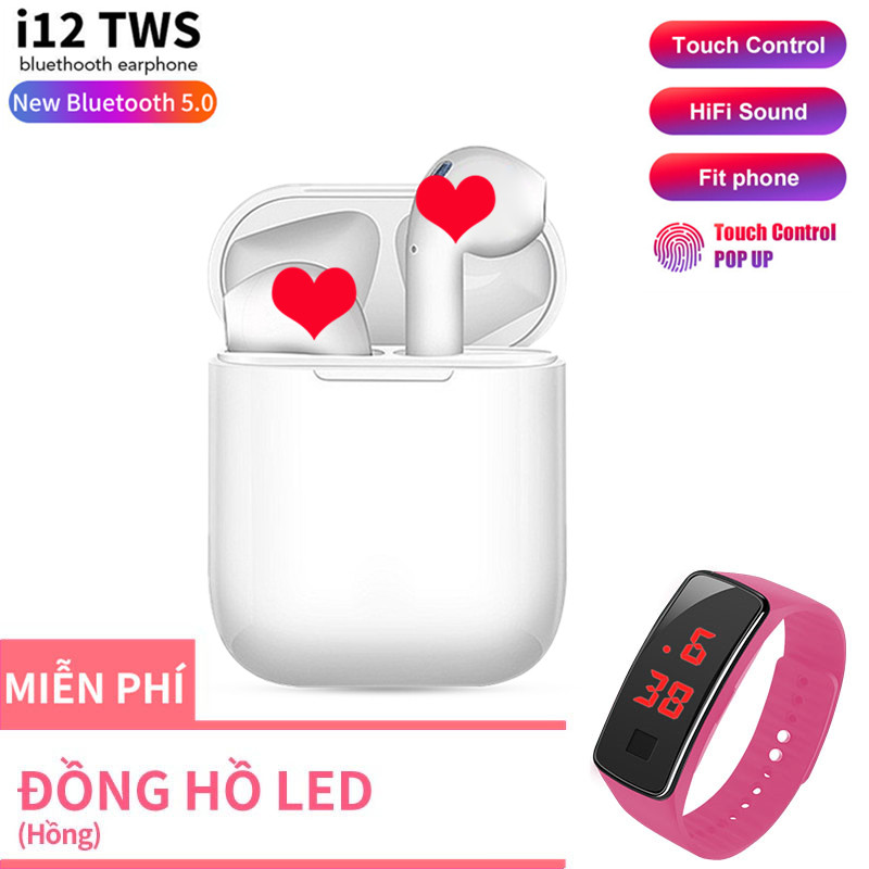【Với đồng hồ LED miễn phí】Tai Nghe Bluetooth i12 Bản Plus Âm Thanh v5.0 Nút Cảm Ứng, Tai Nghe Không Dây, Tai Nghe Bluetooth Hỗ Trợ Mọi Điện Thoại Cảm Ứng, Tai nghe cho mọi dòng máy