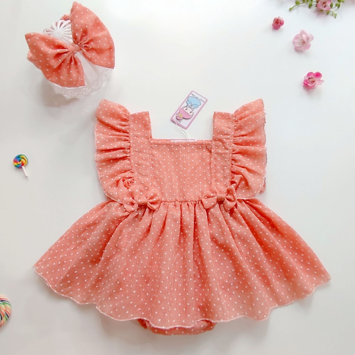 Váy Body cho bé gái họa tiết cánh tiên bi cam dễ thương tặng kèm turban nơ [ MinSin Kids]
