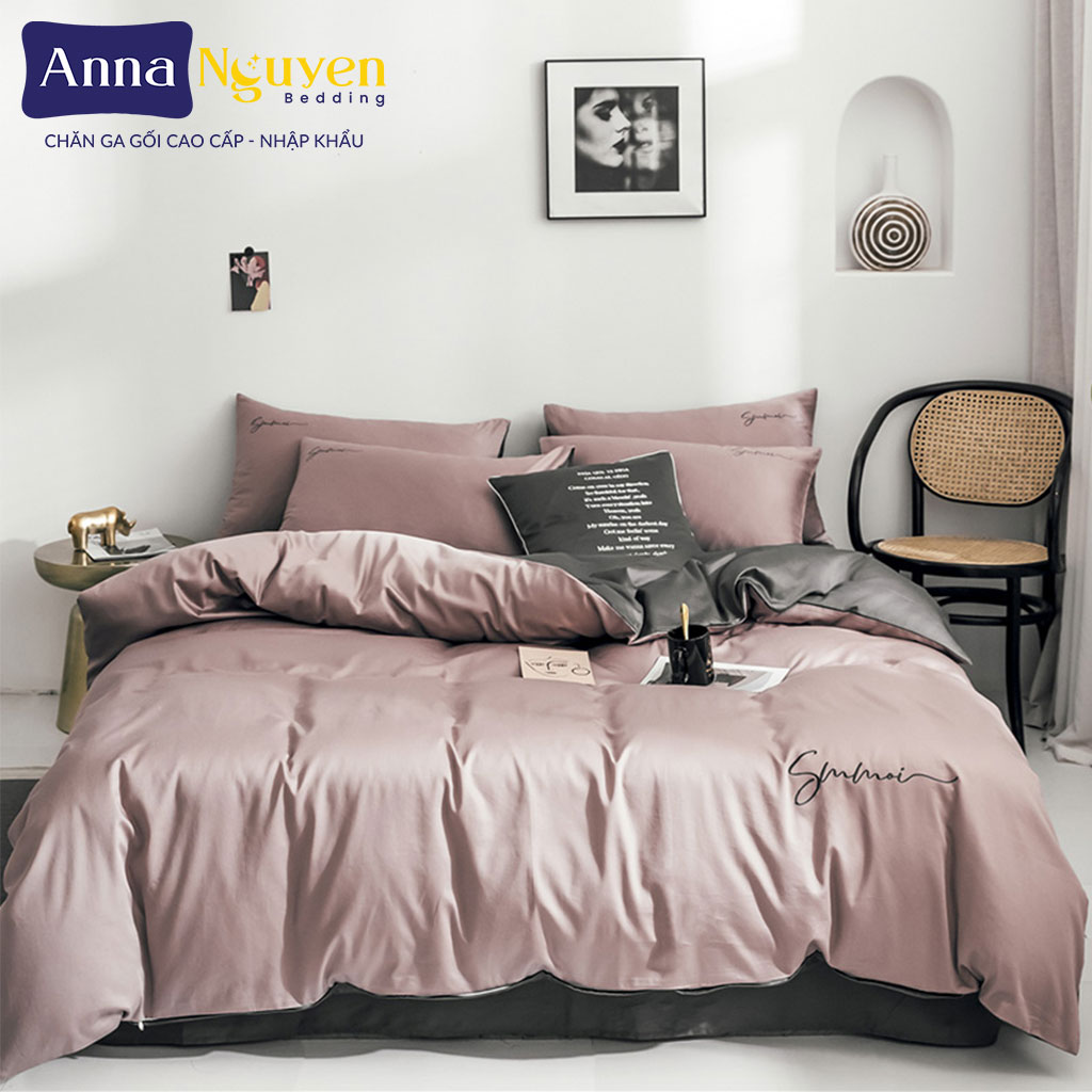 Bộ chăn ga gối đệm cotton lụa sumoi 60s drap giường phi bóng phối cao cấp bo chun drap - anna nguyen bedding