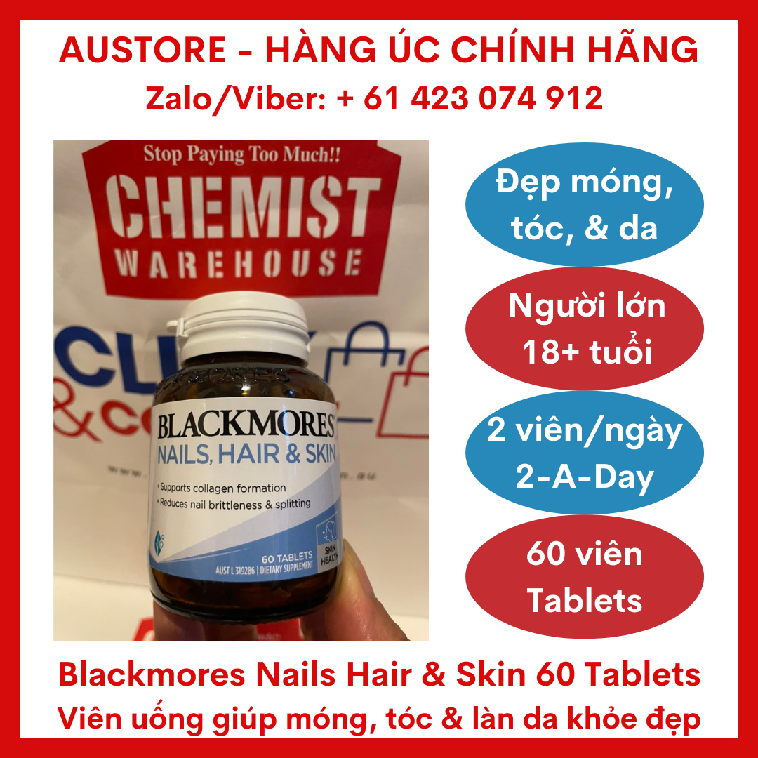 [Bill Úc, Date mới] Viên uống làm đẹp da sáng mịn, nuôi dưỡng tóc đen mượt và móng tay chắc khỏe, giảm gãy rụng - Blackmores Nails Hair & Skin 60 Tablets
