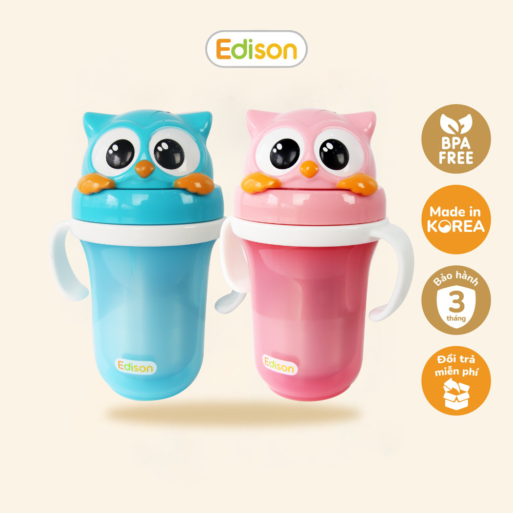 Bình giữ nhiệt uống nước cho bé Edison 7640 bình inox 2 lớp có ống hút hình cú mèo hồng