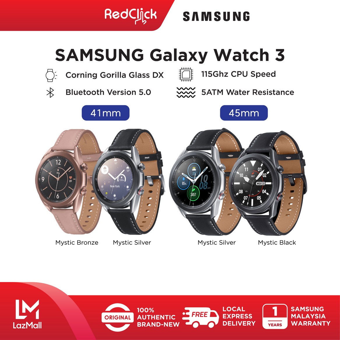 Samsung Galaxy Watch 3 (R850/41mm)(R840/45mm) Bluetooth Stainless Steel Class And Premium Dignified Design 5ATM Water Resistant Support GPS Smart Watch + Free Gift