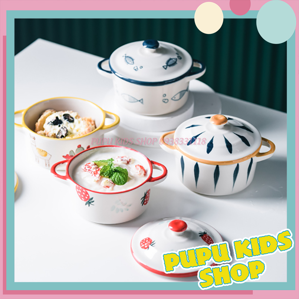 Bát sứ ăn dặm 2 quai họa tiết có nắp 200ml pupu kids shop