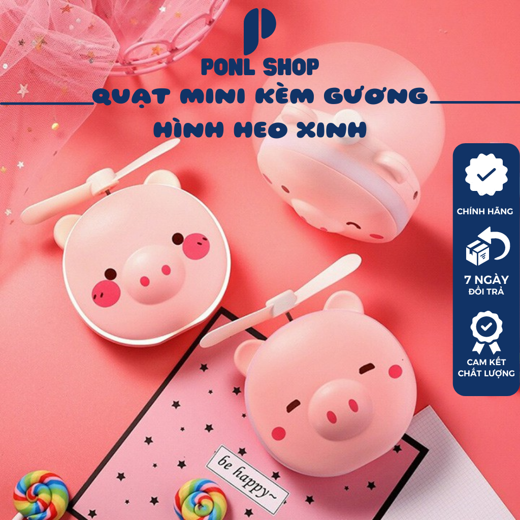 [HCM] Quạt Sạc Mini Kèm Gương 3in1 Hình GẤU- HEO Hồng Cực Dễ Thương
