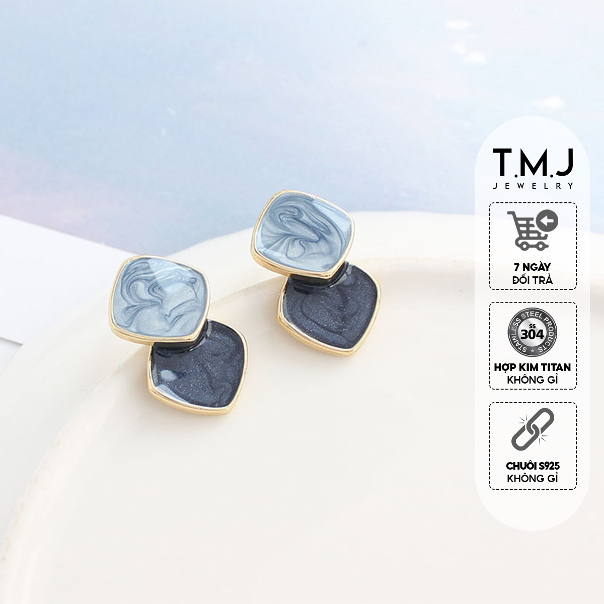 Khuyên tai nữ s925 T.M.J thiết kế tương phản màu xanh dương sóng nhũ phong cách retro Hàn Quốc - kt06