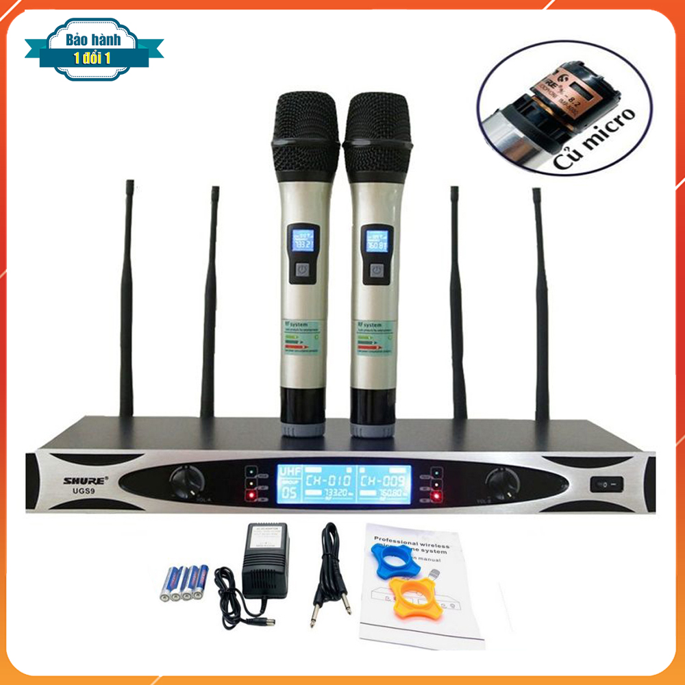 Micro không dây shure ugs 9 bộ 2 micro karaoke không dây 4 râu sóng cực khỏe tiếng hay chống hú rít tốt micro vỏ nhôm bắt sóng cực xa - bảo hành 12 tháng