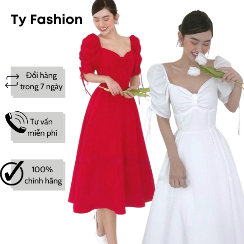 Đầm đỏ dự tiệc cổ vuông ty fashion tay nhún dây rút sml