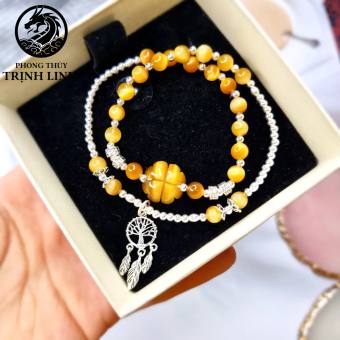 VÒNG TAY CỎ BỐN LÁ MẮT HỔ VÀNG TÂM THIẾT KẾ S925