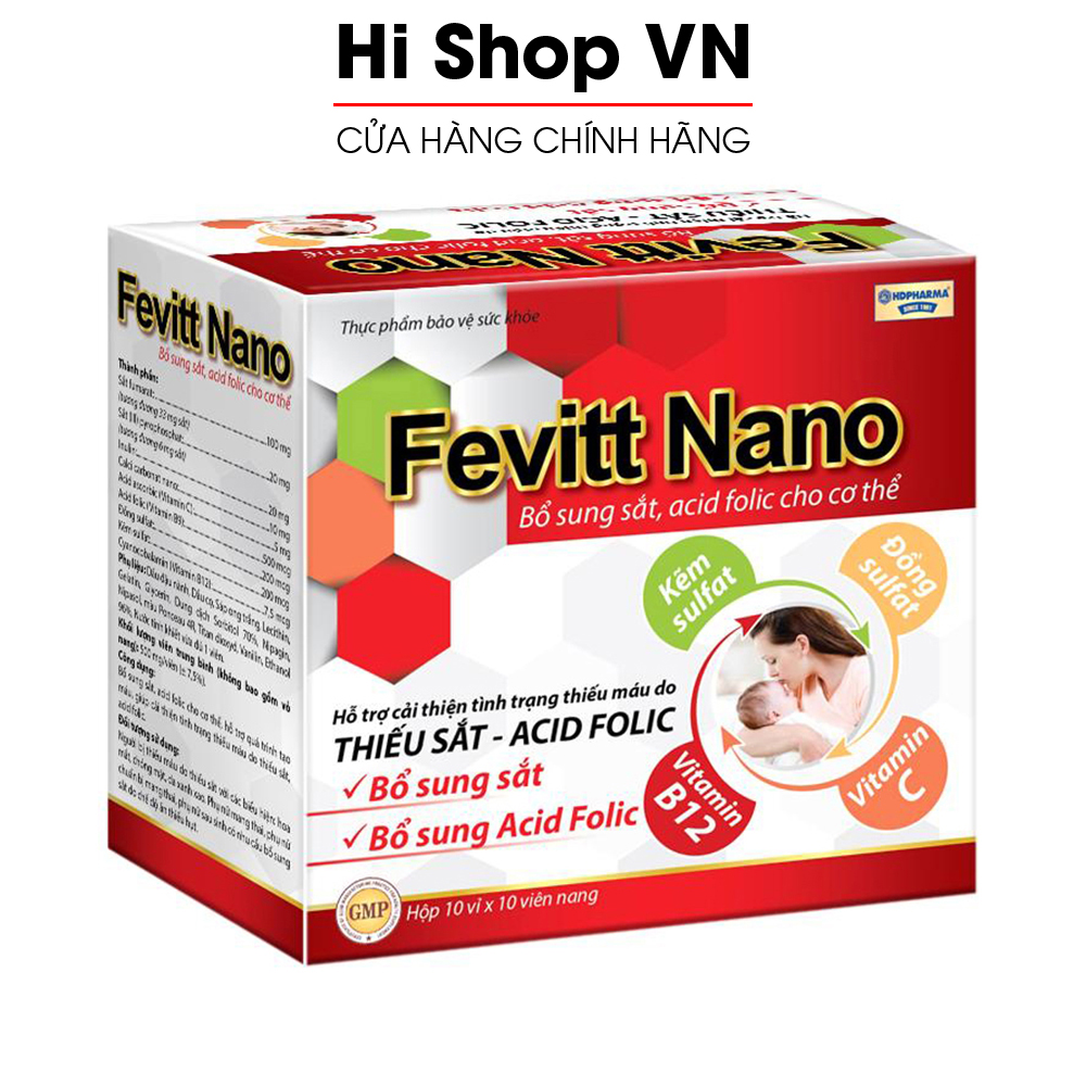 Viên uống bổ máu Fevitt Nano bổ sung Sắt, Acid Folic, giảm tình trạng thiếu máu, thiếu sắt - Hộp 100 viên