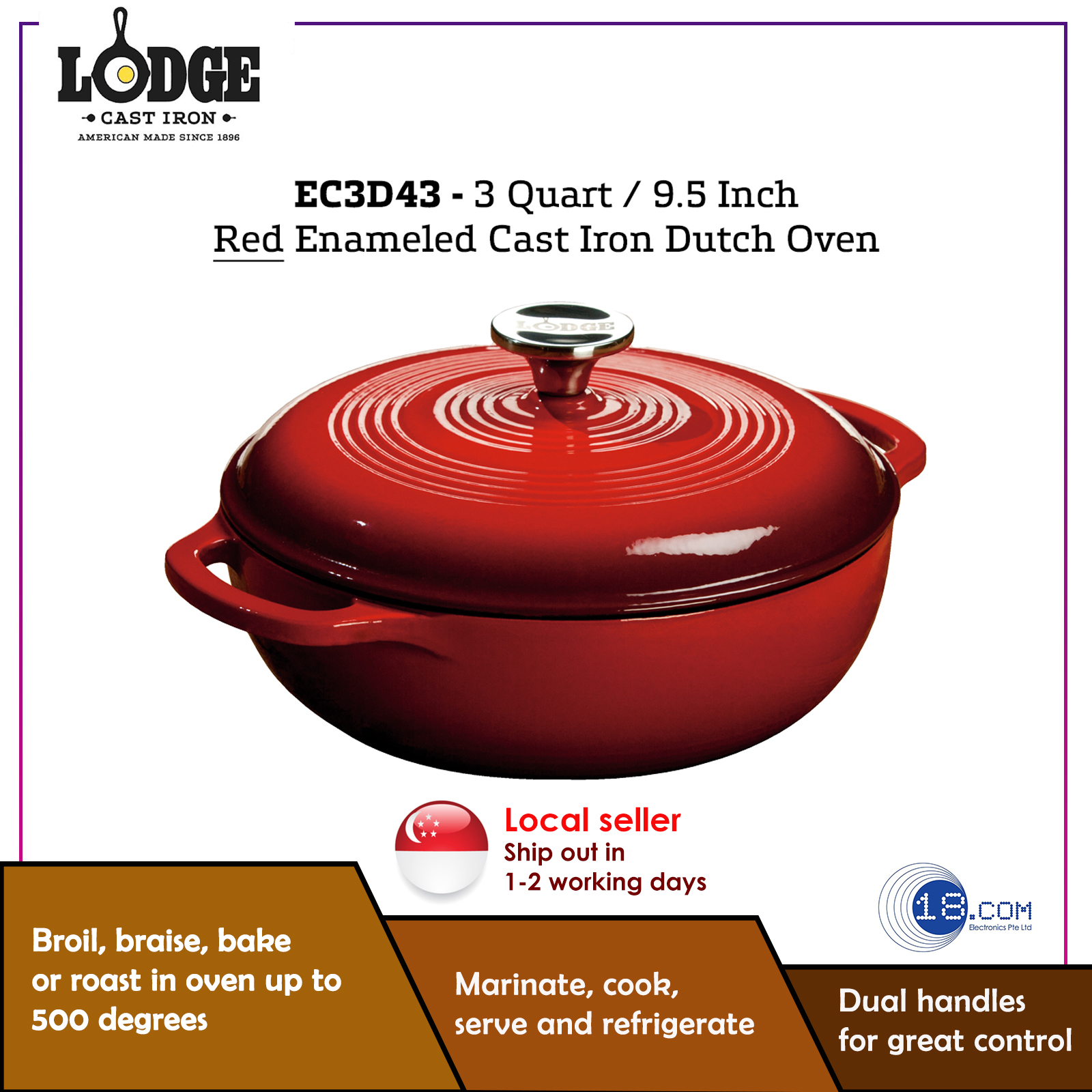 Lodge EC7OD43 Enameled Cast Iron Oval Dutch Oven, 7-Quart, Red