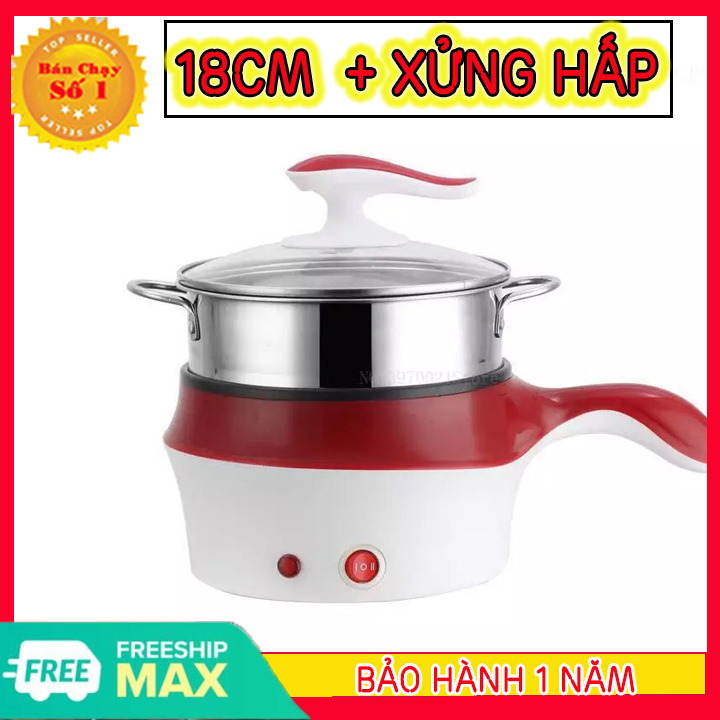 [HÀNG TỐT]  Nồi Lẩu Điện Mini Đa Năng Chống Dính, Xửng Hấp 2 Tầng Dung Tích 1.5L Nấu Lẩu, Hấp Trứng, Nấu Cháo + Tặng Kèm Khay Hấp