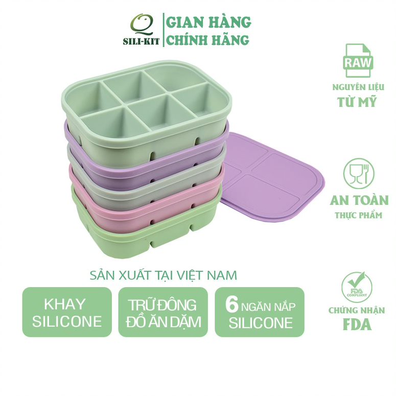 Khay trữ đông silicone SILIKIT 6 ngăn đa năng có nắp, khay trữ đồ ăn dặm, hộp đựng thức ăn