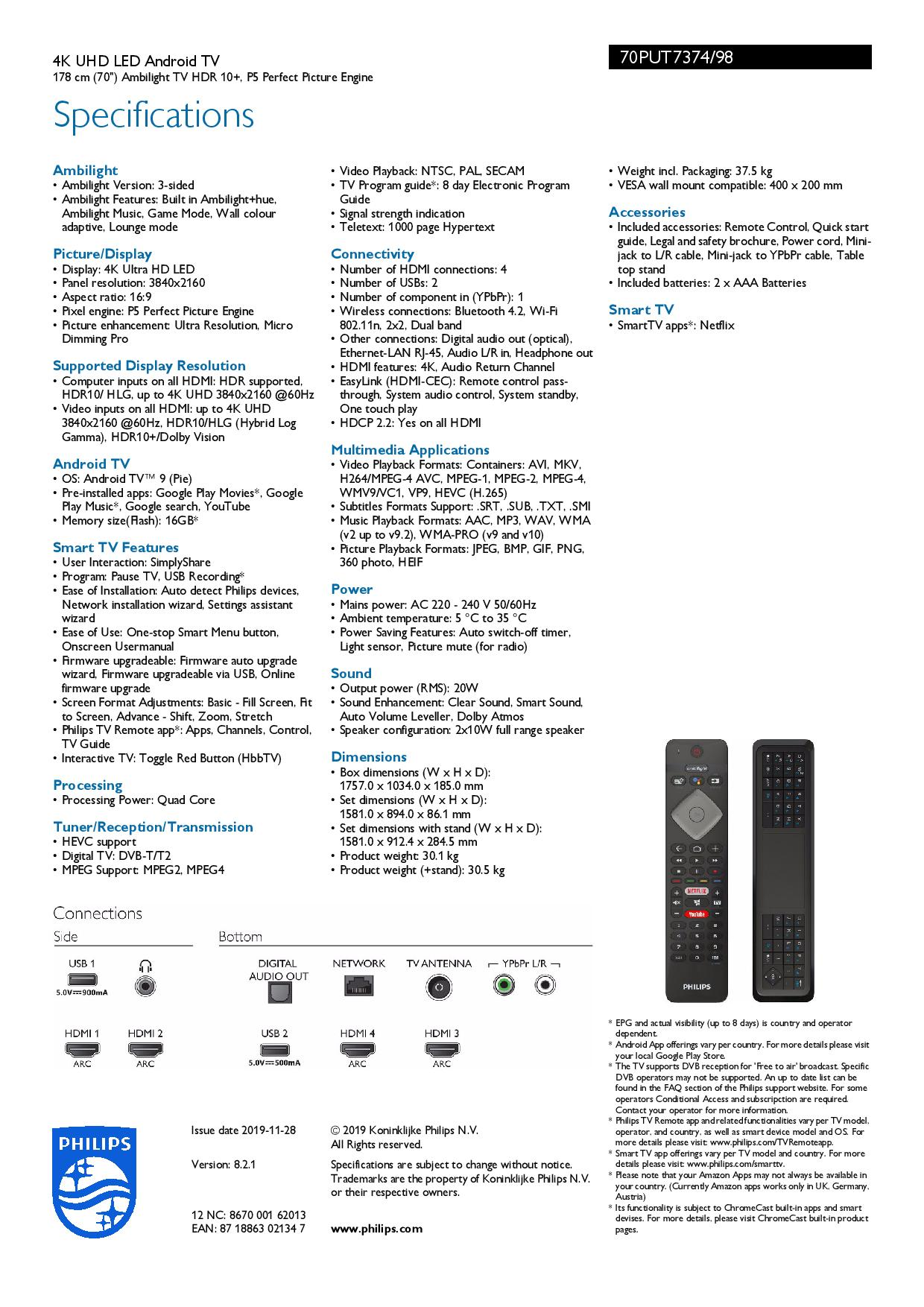 PHILIPS 70PUT7374/98 70 IN ULTRA HD 4K ANDROID LED TV 3 YEARS WARRANTY BY PHILIPS (70PUT7374) · v18