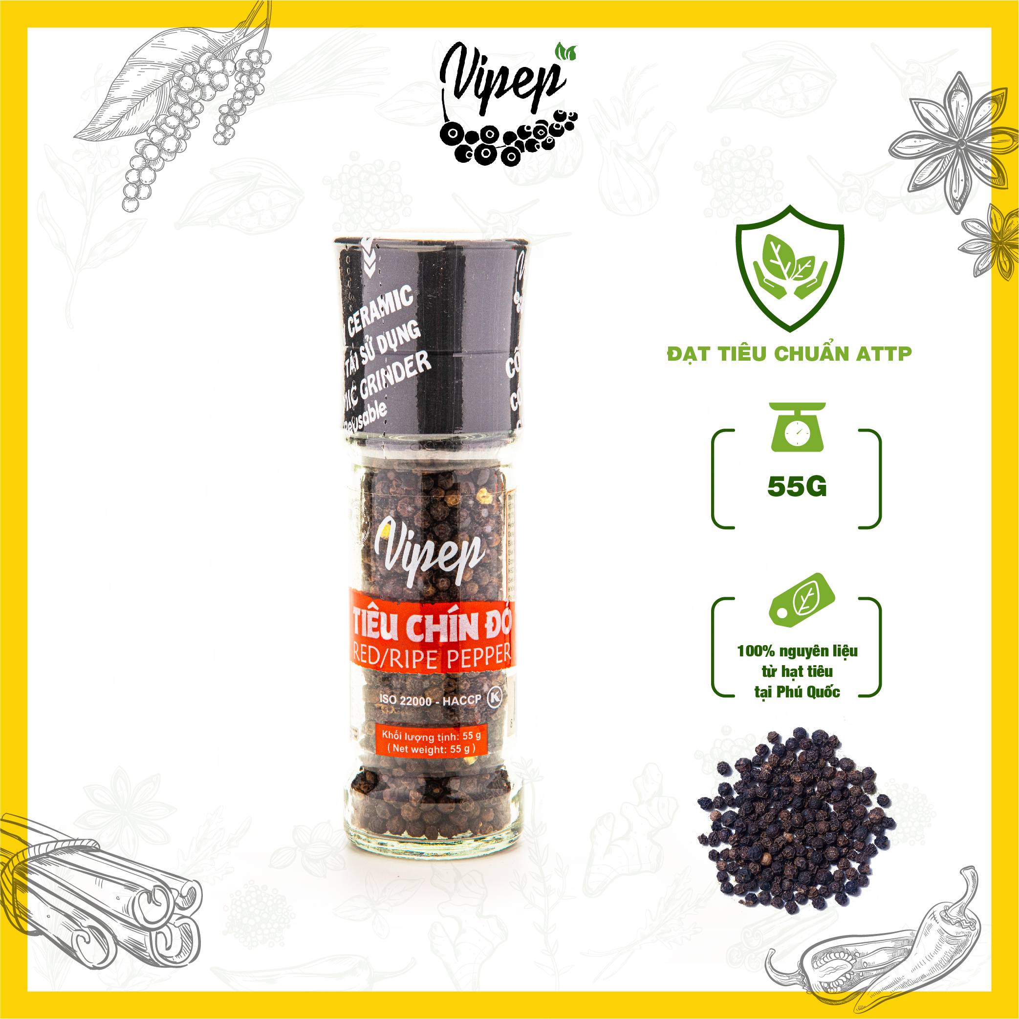 Tiêu đen hạt chín đỏ tự nhiên cối xay vipep hũ thủy tinh 55g - gia vị vipep