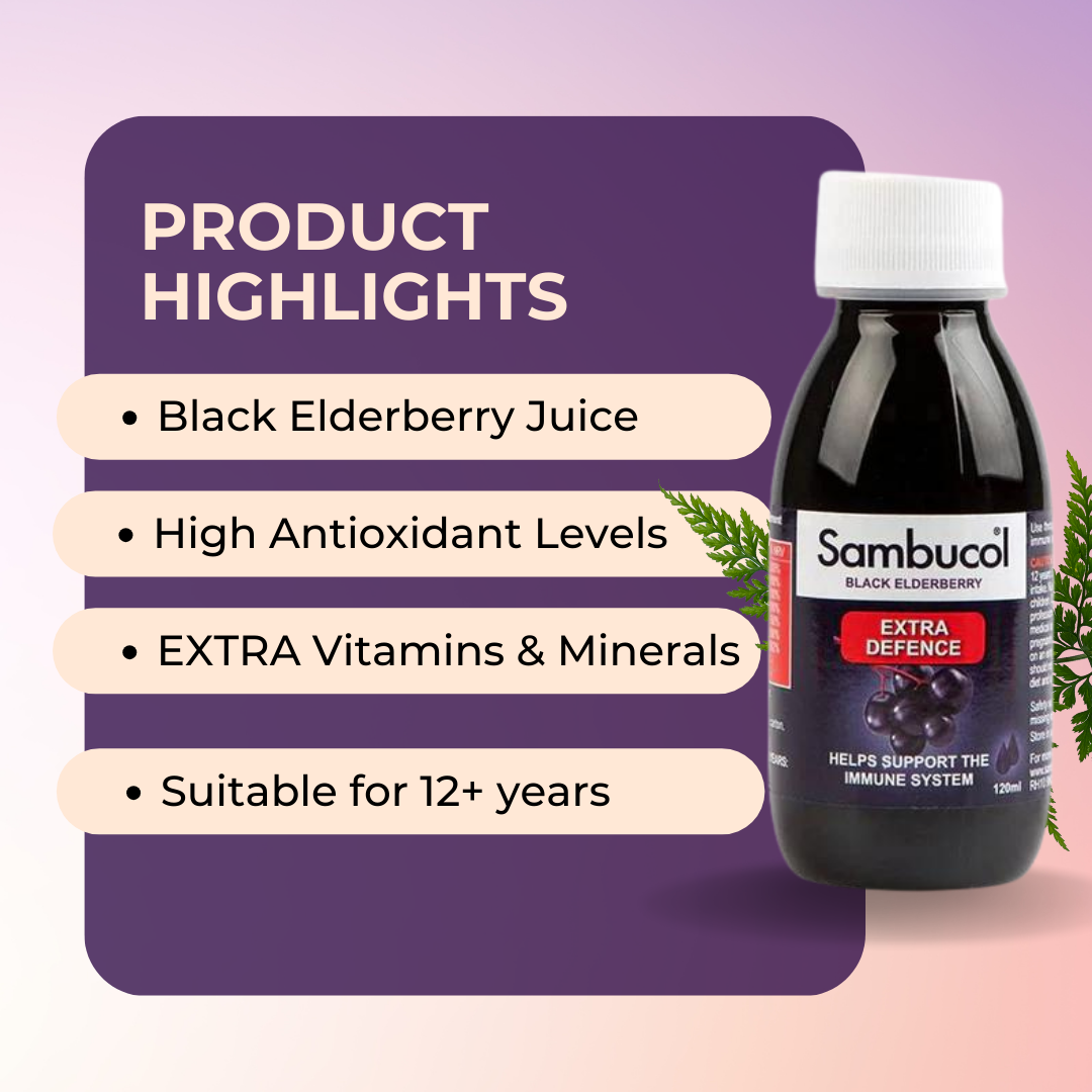 Sambucol Extra Defence Liquid, EXTRA Vitamin C, Zinc, Vitamins & Minerals, 120ml, Product Highlights