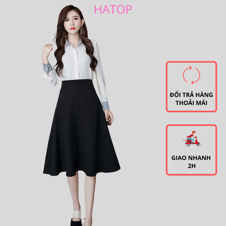 Chân váy xòe công sở HATOP dáng dài vải tuyết mưa loại 1 màu đen CVXD011