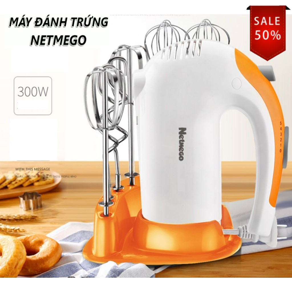Máy đánh trứng nhồi bột, máy đánh cầm tay, máy nhào bột làm bánh - máy đánh trứng cầm tay netmego n38d 300w, 5 cấp độ, vận hành êm ái - bảo hành toàn quốc