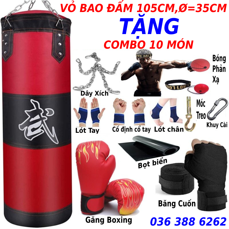 Vỏ bao cát đấm bốc boxing + full 9 10 11 món phụ kiện, bao cát boxing người lớn trẻ em dụng cụ tập gym