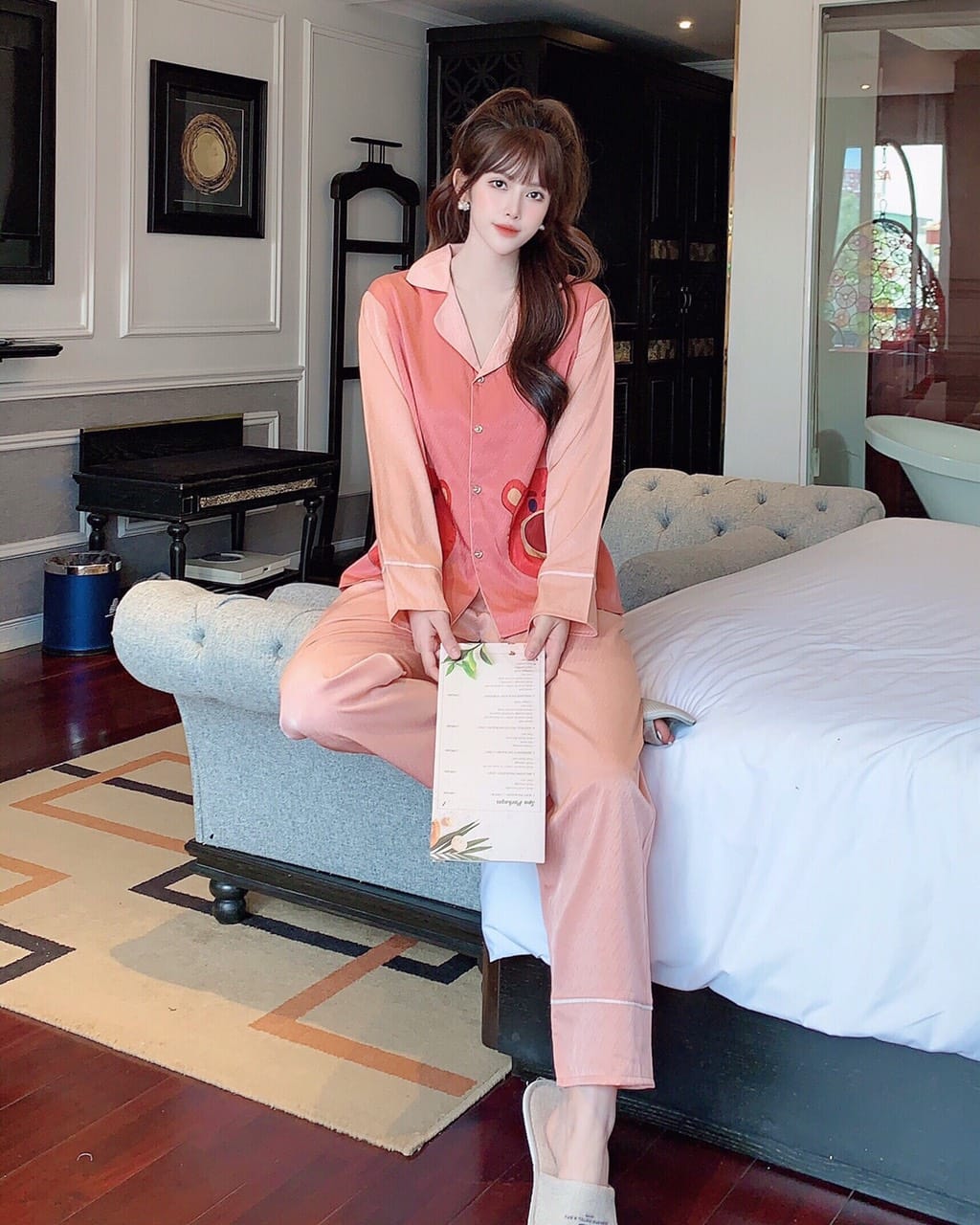 Đồ bộ lụa satin cao cấp dài kiểu dáng cực xinh - mẫu mặc sp thật