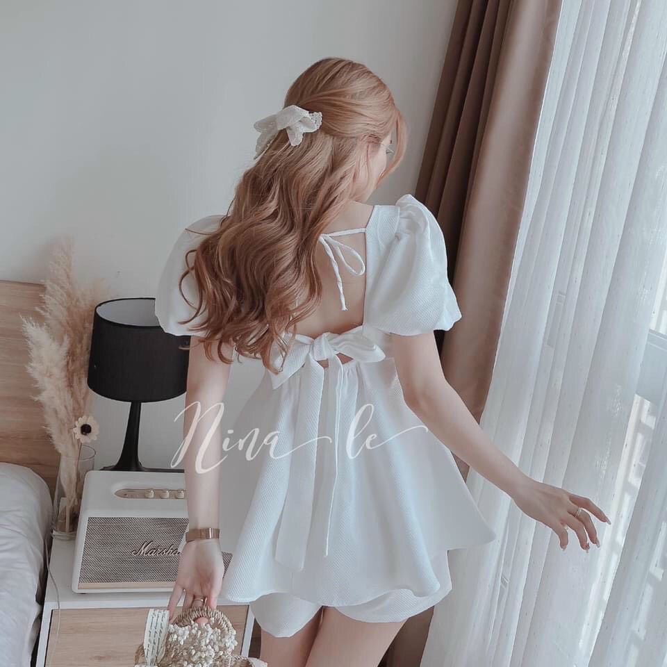 [Voucher 50k Freeship Max 0 đồng toàn quốc] áo kiểu nữ babydoll cột nơ sau lưng áo nữ tay phồng áo nữ cổ vuông quần đùi nữ quần short nữ set bộ babydoll dễ thương
