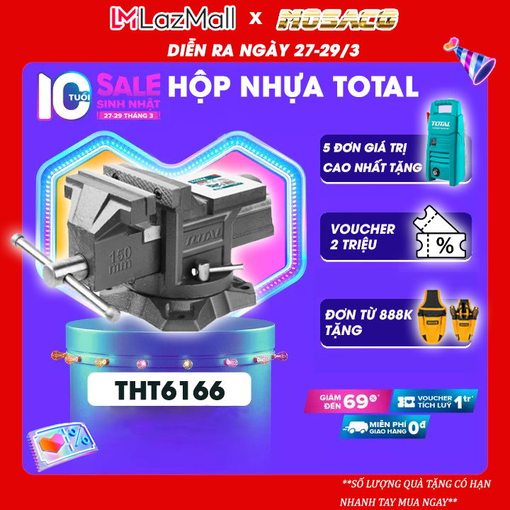 Ê tô kẹp 6 total tht6166, kích thước đế xoay 6 inch. êtô cơ khí, kích thước đế 6 inch, trọng lượng 11.2 kg, lực kẹp tối đa 1600 kgs, đóng gói họp carton, chất lượng thép có độ cứng cao - mosaco