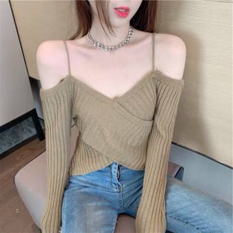 Áo len trễ vai 2 dây đan vạt chéo