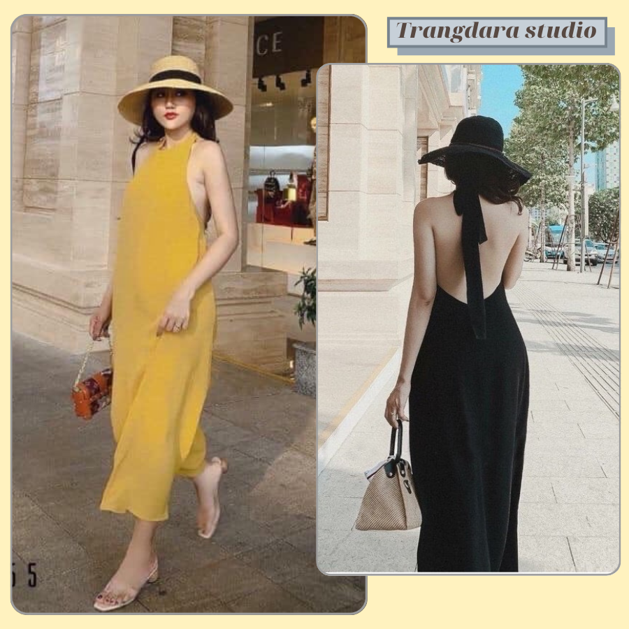 Đầm maxi dài cổ yếm hở lung chất liệu lụa mềm mát thích hợp đi biển