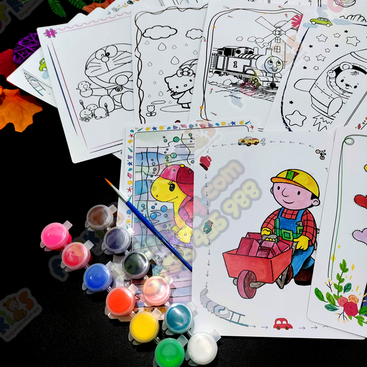 Tranh tô màu, 12 tranh 12 màu khổ A4 (20x30cm), tranh tô màu nước, tranh giấy mỹ thuật, đồ chơi cho bé