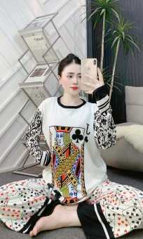 đồ bộ nữ dài tay + quần dài, họa tiết lá bài