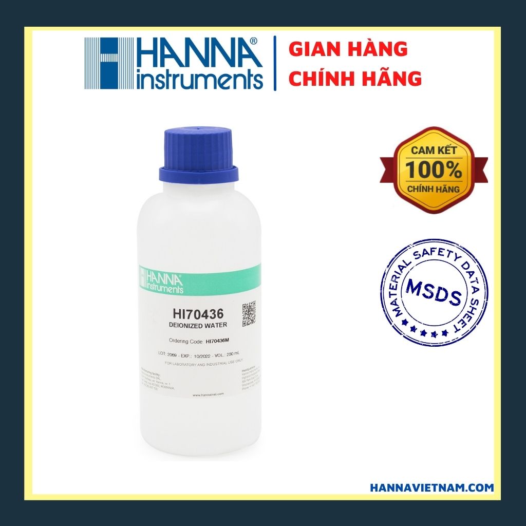 Nước Khử Ion Dùng Trong Phòng Thí Nghiệm Hanna, Chai 250mL, Hanna HI70436M, cung cấp kèm SDS, xuất xứ Romania - HÀNG CHÍNH HÃNG, dùng để pha mẫu, vệ sinh, thiết bị dụng cụ đo....