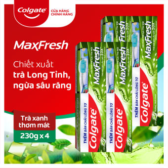 Bộ 4 Kem đánh răng Colgate Trà Xanh the mát Maxfresh 230g/tuýp tặng bàn chải đánh răng lông tơ cao cấp