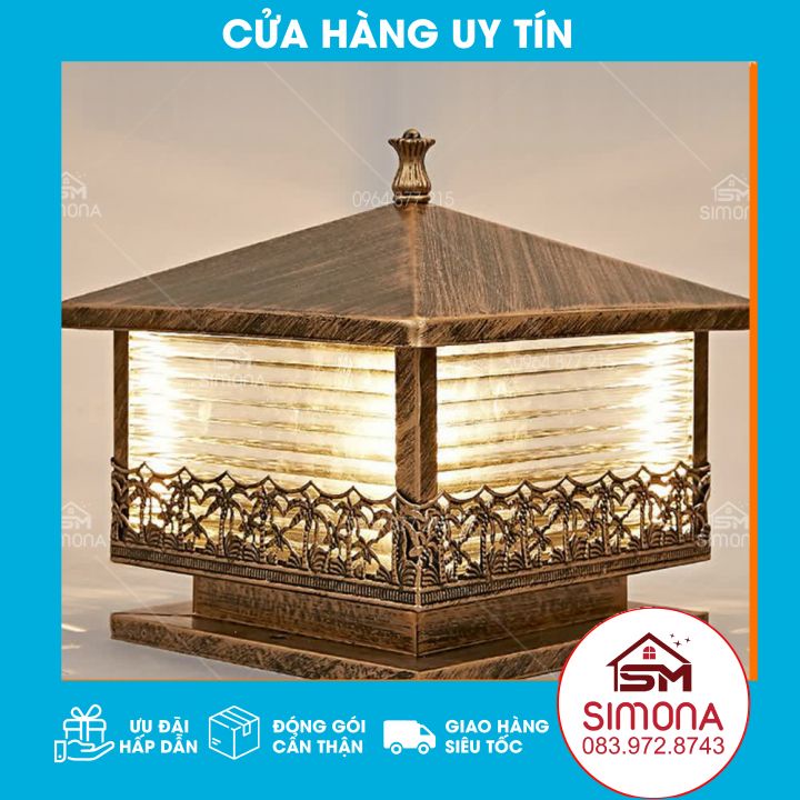 Đèn trụ cổng cây dừa dc 7005 cỡ vuông 300mm mạ màu đồng đẹp