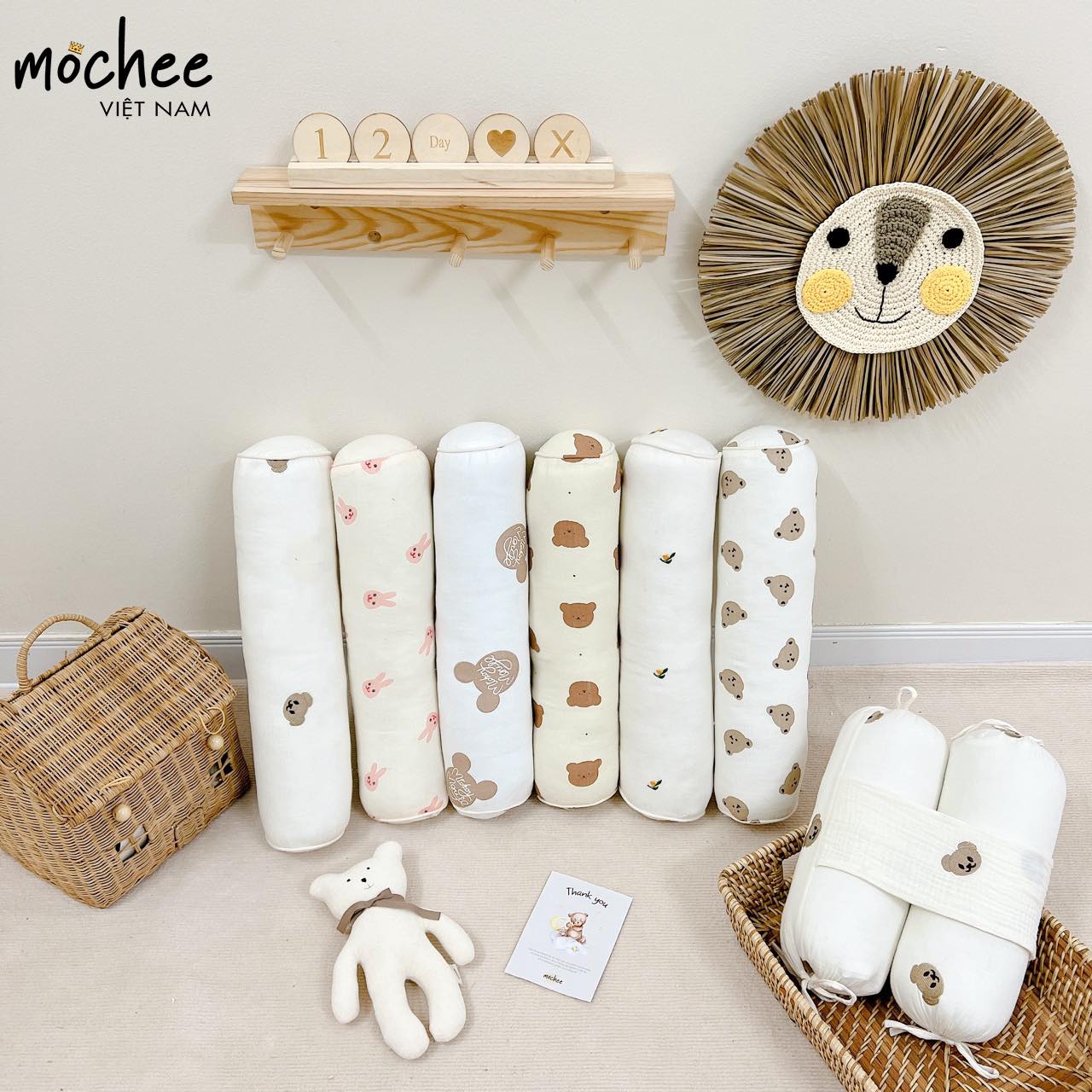 Gối ôm muslin cho bé Mochee 15x50cm, gối ôm trẻ em vải xô cotton họa tiết - Hàng chính hãng