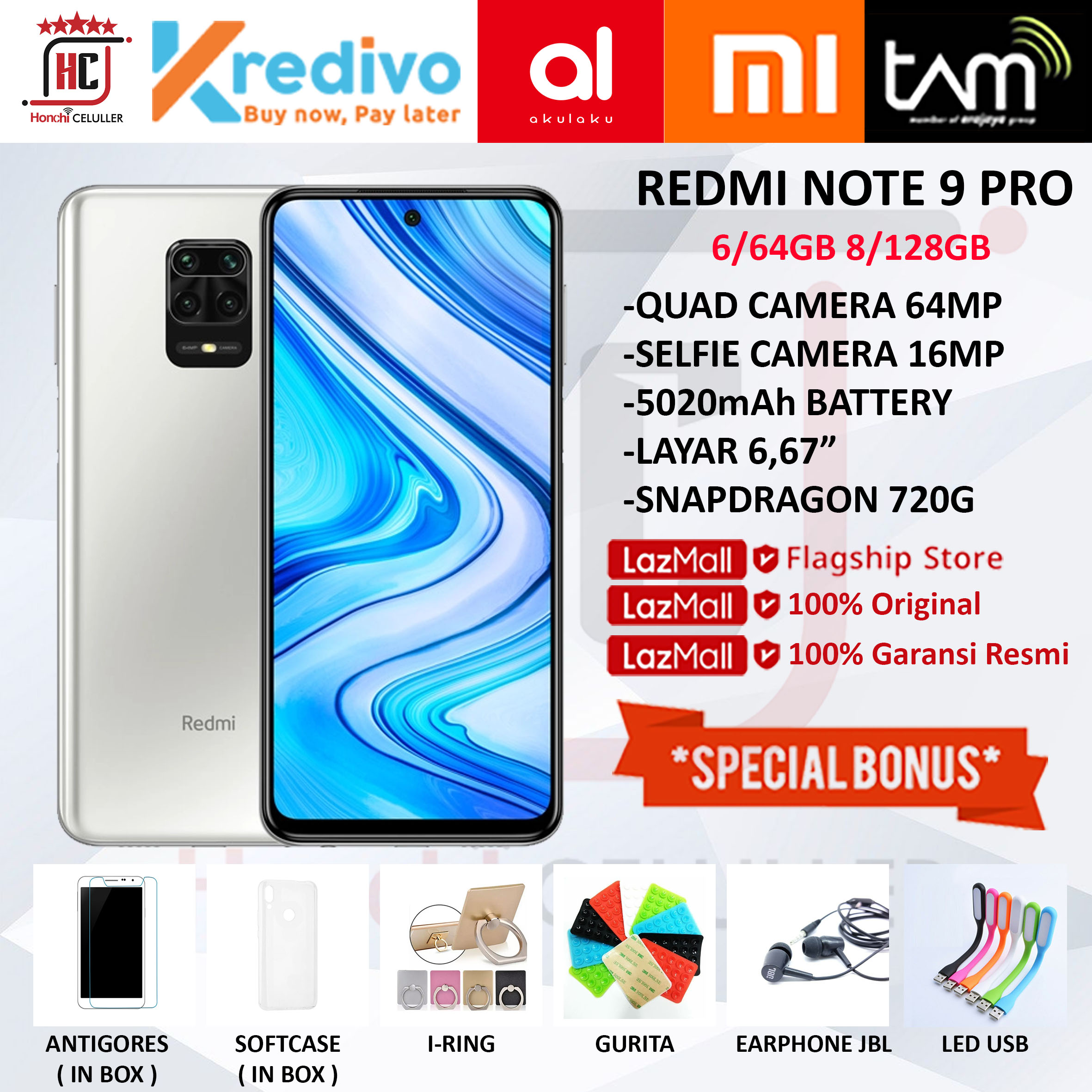 REDMI NOTE 9 PRO 8/128GB 6/64GB GARANSI RESMI TAM ORIGINAL FULL BONUS Harga 2,499,000 rupiah*Gratis Ongkir