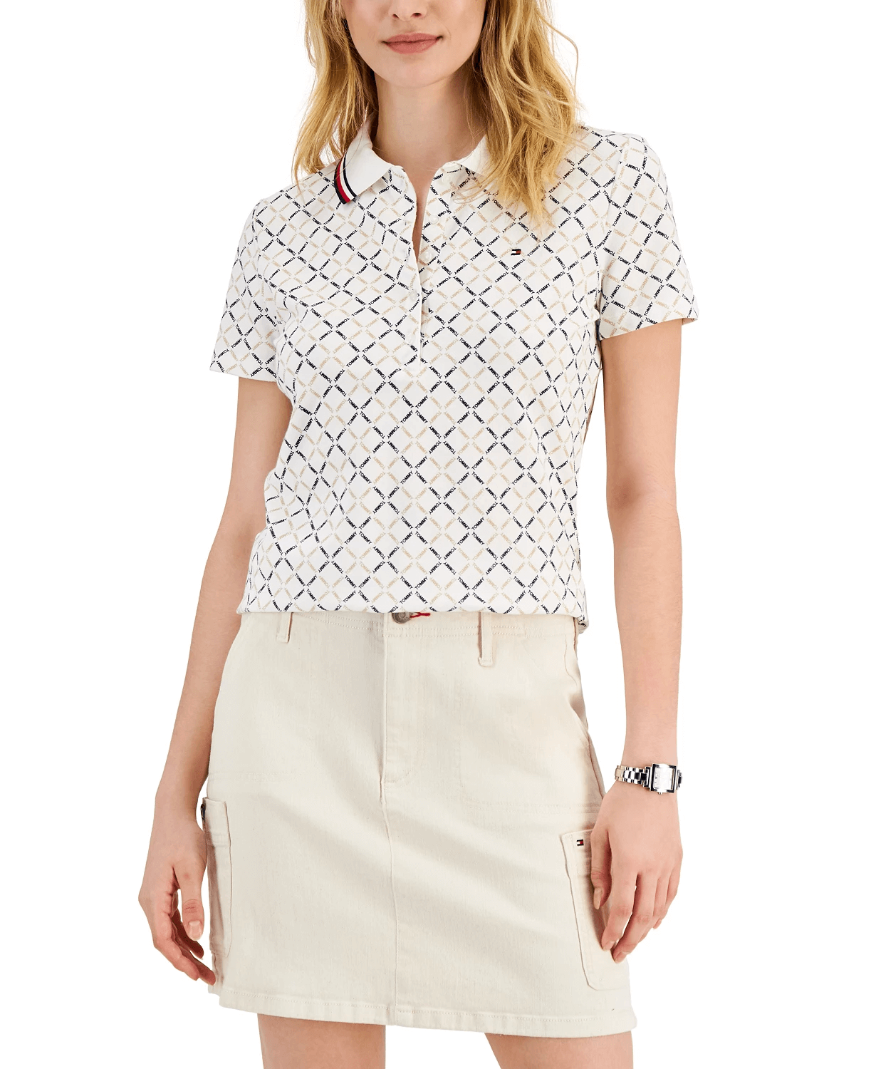 Áo polo nữ logo-print tommy hilfiger - bright white multi