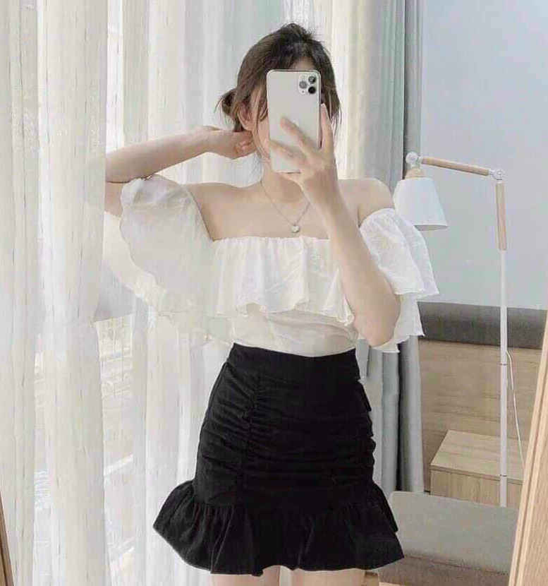 [Mẫu Hot] Sét Đồ Bộ Nữ Áo Nhún Bèo 2 Lớp Trễ Vai & Chân Váy Nhún ( Chân Váy Có Lót Trong ) Thời Trang Kiểu Cách Đi Chơi, Đi Dự Tiệc D.ONE FASHION, Mẫu Free Size (40-55Kg) Mặc Vừa