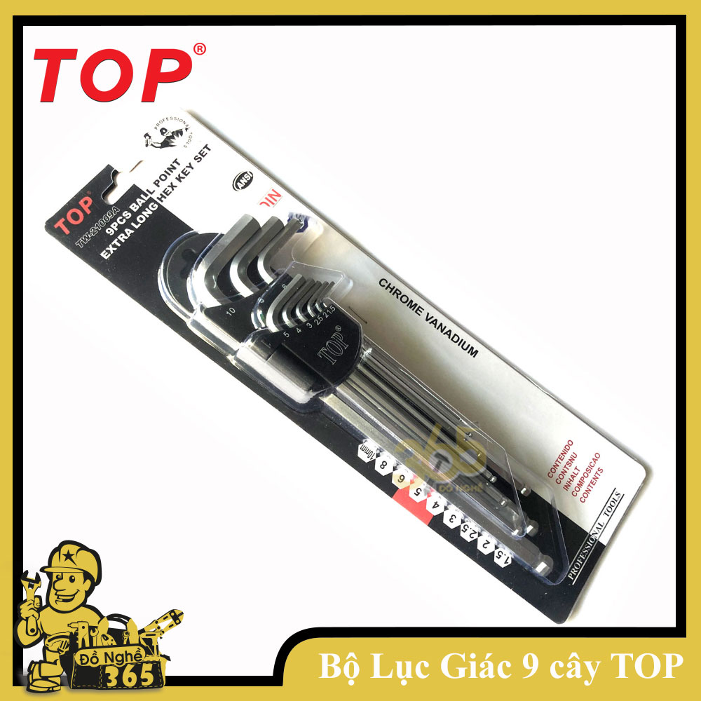 Bộ lục giác 9 cây HỆ MÉT 1.5--10mm hiệu TOP  , bộ gồm 9 cây lục giác chuyên dùng mở tán đầu lục giác, dùng cho sửa chữa lắp ráp xe và máy móc các loại