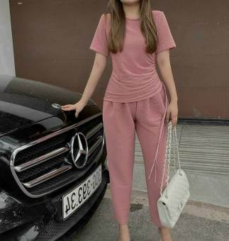 Set Bộ Áo Thun Gân Nhún Eo Và Quần Dài Thời Trang Nữ Hot Teen. QC