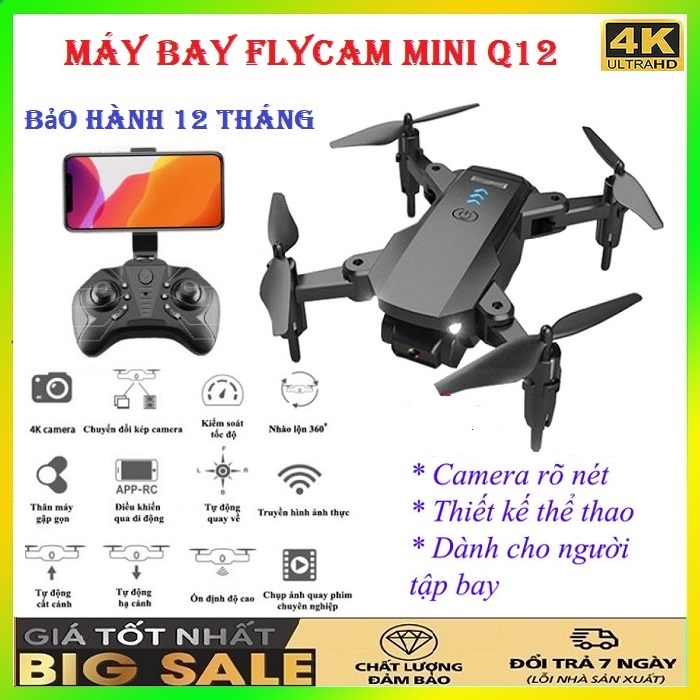 Flycam mini Q12 - Flycam giá rẻ mini có camera - Máy bay camera 4k - Máy bay điều khiển từ xa 4 cánh - Playcam - Flay cam - Fly cam giá rẻ - play camera giá rẻ hơn f11 pro 4k Mavic 2 Pro l900 pro
